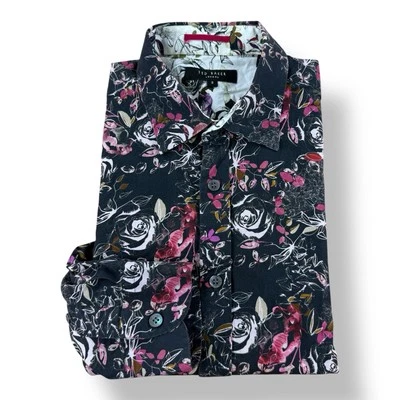 Camisa Ted Baker London Negra Rosa Púrpura Floral Algodón Abotonada Para Hombre Talla 2 Foto 1 de 4