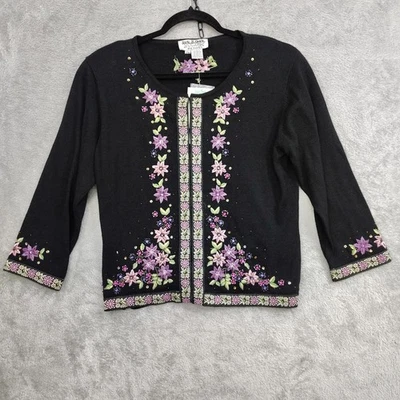 NOVO Macaco Antigo B. Cardigã Quick Feminino PM Preto Suéter Floral Bordado Contas - Imagem 1 de 4