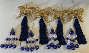 Gold & Blau Perlen Quaste Fransen mit Schleifen & Perlen Ornamente-Weihnachten/Basteln - Bild 1 von 5