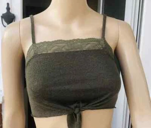 GIRL’S CROPPED VEST TOP AGE 9 SPAGHETTI STRAPS SELF-TIE DETAIL LACE PANEL KHAKI - Picture 1 of 6