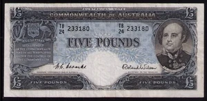 Australia R-49 (1954) 5 Pounds - Coombs / Wilson Commonwealth Bank Fine/aVF