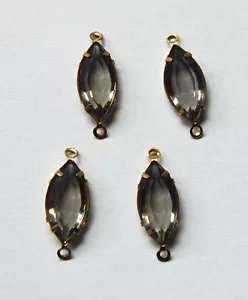 VINTAGE 4 BLACK DIAMOND GLASS in brass NAVETTE MARQUIS CONNECTOR BEAD BEADS - Picture 1 of 2