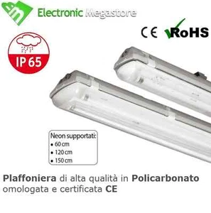 PLAFONIERA STAGNA NEON IP66 LED PER ESTERNO 60 120 150 CM SINGOLA E DOPPIA - Foto 1 di 1