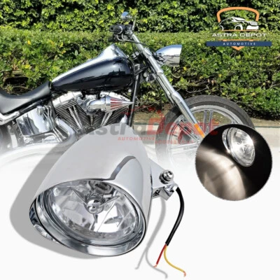 5.75" 5 3/4" Chrome Motorcycle Bullet Headlight Bucket w/ Visor & Tri-Bar Bulb - Image 1 of 4