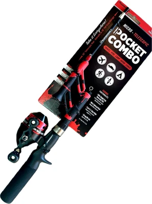 ProFISHiency Red Splat Pocket Fishing Spincast Rod Reel Combo Compact Telescopic - Image 1 of 4