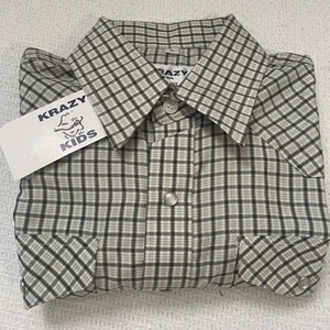 Krazy Kids Boys Western Shirt Large (Size 12) Long-Sleeve Green Plaid Pearl Snap - Picture 1 of 10