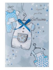BIGLIETTO AUGURI BATTESIMO VESTITINI BABY CON BUSTA CELESTE 11,5X17 CM 3 D