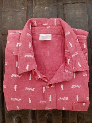 Coca Cola Mens Button Up Shirt LG Red Logo Cotton All Over Print Vintage #1003 - Image 1 of 4