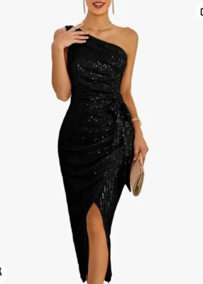 Grace Karin M Black Sequins Formal Maxi Dress One Shoulder Split Belt - Image 1 of 4