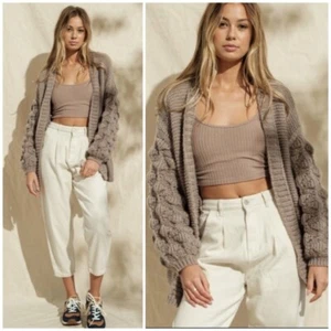 Khaki Pompom Sleeve Knit Open Cardigan Boho Sweater Casual Womens - Picture 1 of 6