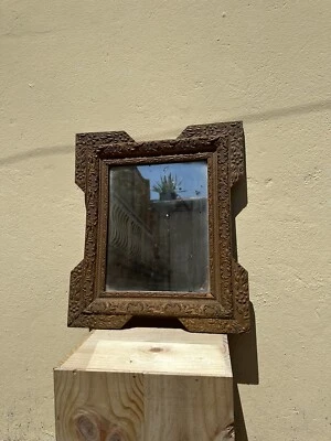Miroir Ancien Doré Carré Bois Et Stuc Fine Ciselure Décorative 19eme Déco - Photo 1/4