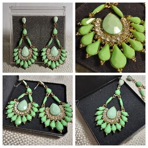Bollywood Style Gold Tone Pierced Pendant Earrings with Light Green Faux Stone - Picture 1 of 17