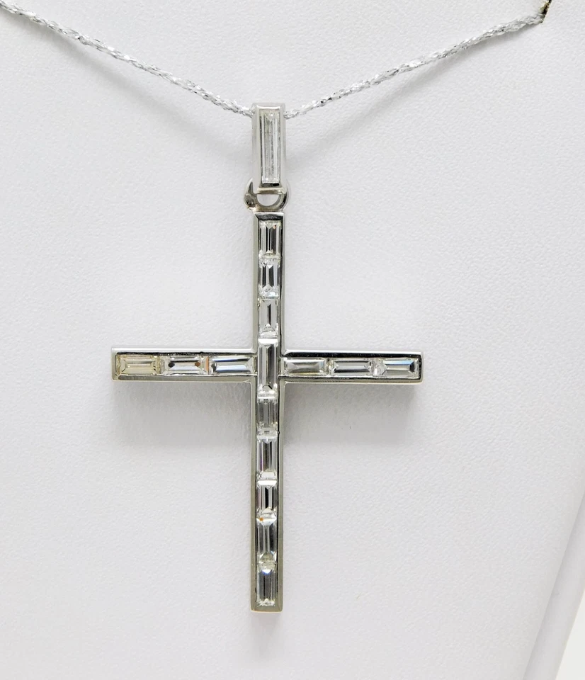 Platinum Baguette Diamond ≈ 1-5/8" x 1" Cross Motif Pendant B6444 - Image 1 of 4