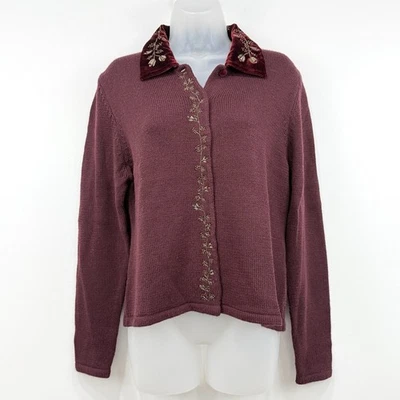 VTG 90s Casual Corner Wool Cardigan Womens L Maroon Velvet Holiday Cottagecore - Image 1 of 4