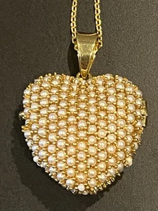 18k Yellow Gold Plate 925 Seed Pearl 18” Heart Double Locket Necklace 42.33gr - Picture 1 of 10