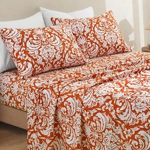 Horbaunal 4 Piece Bed Sheets Burnt Orange 16 inch King Sheets (Damask Pattern) - Picture 1 of 8