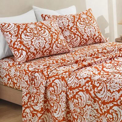 Horbaunal 4 Piece Bed Sheets Burnt Orange 16 inch King Sheets (Damask Pattern)