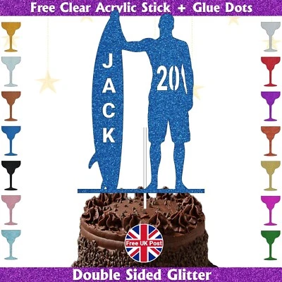 Surfing Birthday Glitter Cake Topper Personalised Surfer Dude with Surfboard - Image 1 of 4