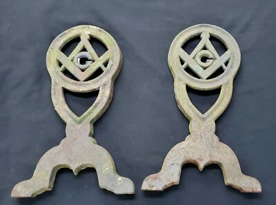 Pair of Masonic Freemasonry Cast Iron Andirons - Image 1 of 4