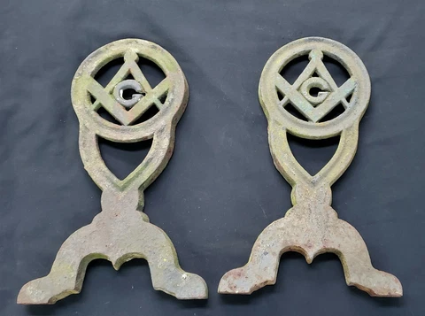 Pair of Masonic Freemasonry Cast Iron Andirons Cover