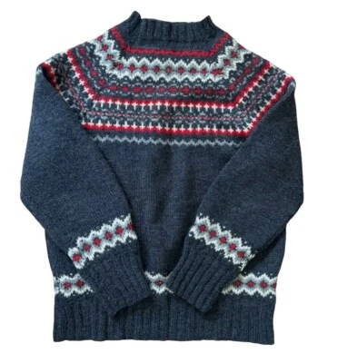 Винтажный ручной работы шерсти свитер Fair Isle унисекс женщин L мужской S серый красный насмешливый воротник - Изображение 1 из 4