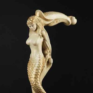 Wooden walking stick carved mermaid-ivory handle for Adults walking cane - Picture 1 of 4