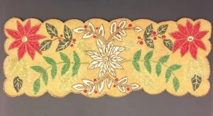 Beaded Christmas Table Runner Holiday Poinsettia Holly Secret Celebrity SC 13x34 - Picture 1 of 12