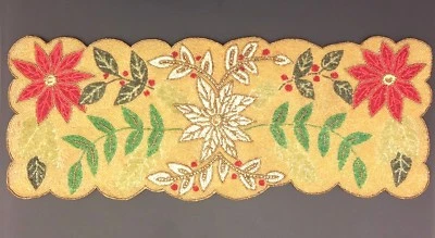 Beaded Christmas Table Runner Holiday Poinsettia Holly Secret Celebrity SC 13x34 - Image 1 of 4