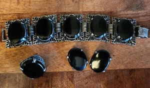 Park Lane Signed VTG 60's Black Cabochon Silver Bracelet, Earrings & Ring Set - Picture 1 of 12