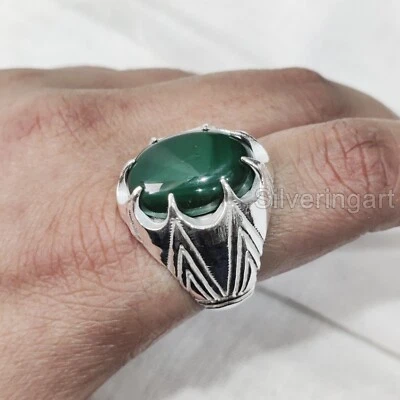 ANILLO PARA HOMBRE PESADO TURCO ESPIRITUAL PLATA ESTERLINA 925 PIEDRAS PRECIOSAS MALAQUITA NATURAL Foto 1 de 4