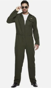 Adult Aviator Jumpsuit Fancy Dress Costume Top Gun Pilot Military 80's One Size - Picture 1 of 1