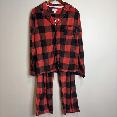 DKNY Pajamas Set Sz XL Shirt & Pants Buffalo Plaid Red Black Velour Christmas - Image 1 of 4