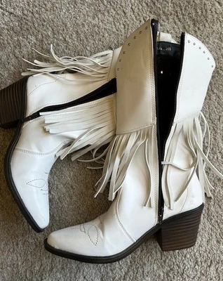 Mujer Blanco Western Botas Media Pantorrilla Volantes Talla 7.5 Imitación Cuero Bloque Tacón Foto 1 de 4