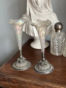 PAIR ANTIQUE VICTORIAN SILVER PLATED EPERGNES WITH IRIDESCENT CRYSTAL TRUMPETS - Picture 1 of 6