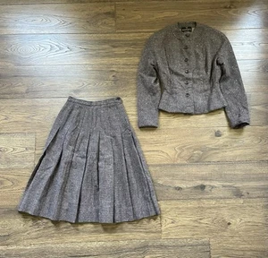 Vintage 1940s 1950s Swansdown Brown Tweed Skirt Suit, Jacket & Pleated Skirt Set - Picture 1 of 10