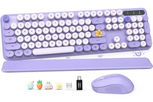 Wireless Keyboard and Mouse Combo, Cute Round Keycaps, Full-Size Retro Typewr... - Picture 1 of 9