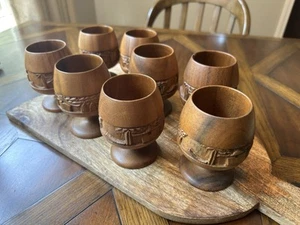 8 Vintage Wood Carved Goblets - Tiki Wood Punch Cup Phillipenes - Picture 1 of 16