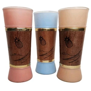 Set 3 Siestaware Tiki Bar Mahogany Wood Grip Frosted Glasses Peach Pink & Blue - Picture 1 of 17