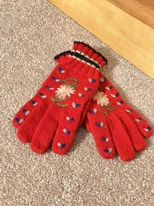 VTG Girls Wool Gloves Red Winter Old Christmas Childrens Embroidered Floral Knit - Picture 1 of 12