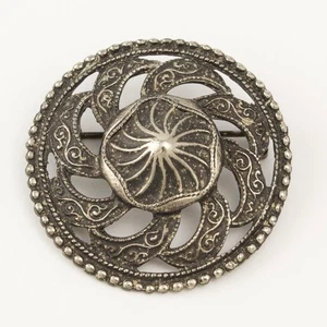 Vintage Spiral Sun Brooch Silver Tone Circle Pin Ornate Celtic Medieval Style - Picture 1 of 4