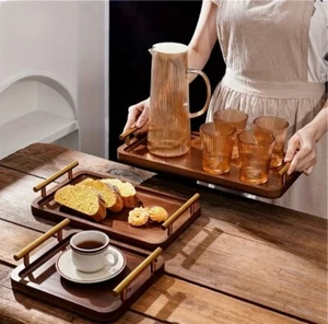 Wooden Serving Tray w/ Gold Handles – Tea, Cake, Fruit, Bread, Holiday Decor - Picture 1 of 9