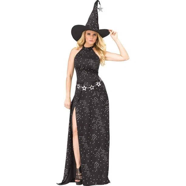 NIP Fun World Adult Celestial Witch Costume Black Long Stars Dress + Hat S/M 2-8 - Image 1 of 1