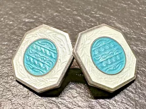 SINGLE ART DECO STERLING & LIGHT BLUE GUILLOCHE SIGNED RB CUFFLINK G105 - Picture 1 of 11