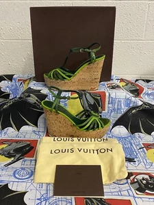 Louis Vuitton Summertime Cork Wedge Sandals Green Patent Leather Size 38 - Picture 1 of 12