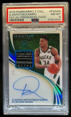 2019-20 Immaculate Giannis Antetokounmpo Patch Auto Tags #2/3 Bucks PSA 8 - Image 1 of 2