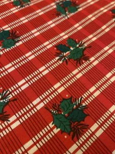 Vintage NOS Holiday Christmas Red Holly Berry Stripe Print Fabric 88x35in - Picture 1 of 7