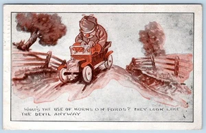 1917 WHAT'S THE USE of HORNS ON FORDS? THEY LOOK LIKE THE DEVIL ANTIQUE POSTCARD - Picture 1 of 2