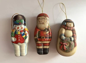 3 Christmas Candy Tin Ornaments Russ Berrie & Midwest Cannon Falls Santa Snowmen - Picture 1 of 16