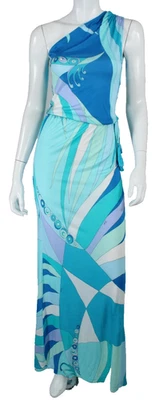 EMILIO PUCCI Blue & Multi Geometric Print Jersey One-Shoulder Maxi Dress 38 - Image 1 of 4