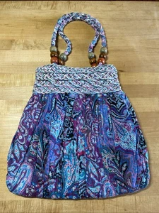 Women’s Sun N Sand Teal Blue Rag Purse Two Handle Wooden Balls Accent. 15x15 in. - Picture 1 of 9